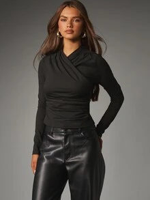 MISSGUIDED Wrap Cowl Neck Long Sleeve Ruched Crop Top Elegant Draped Party Night Out Fall Winter Night Out Blouse - Black - View 1