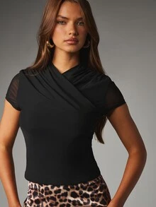 MISSGUIDED Crossover Wrap Ruched Mesh Cap Sleeve Fitted Blouse Top With Draped Cowl Neckline Detail Fall Winter Party Night Out - Black - View 1