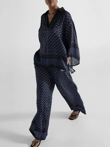 KSTM Wide Leg Palazzo Pants With Geometric Diamond Print Elastic Drawstring Waist Border Hem Detail Flowy Summer Holiday Resort Wear - Multicolor - View 4