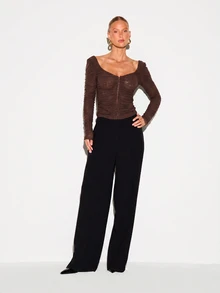 KIZN Ruched Mesh Long Sleeve Crop Top With Hook And Eye Front Closure And Open Back Sweetheart Neckline Party Night Out Top - Chocolate Brown - View 4