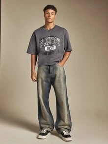 PLAYBOY X SUMWON 1953 Athletics Department Acid Washed Boxy Crop Crew Neck Short Sleeve Graphic T-Shirt Vintage Streetwear Style - Dark Grey - View 3