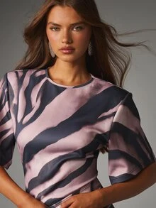 MISSGUIDED Tiger Print Satin Mini Dress With Asymmetric Hem Ruched Ring Detail Crew Neck Short Sleeve Party Night Out Summer Festival Style - Multicolor - View 2
