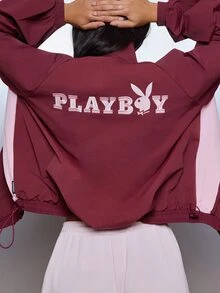 Missguided x Playboy Bunny Embroidered Cropped Windbreaker Jacket With Color Block Panel Stand Collar And Elasticated Cuffs - Burgundy - View 1