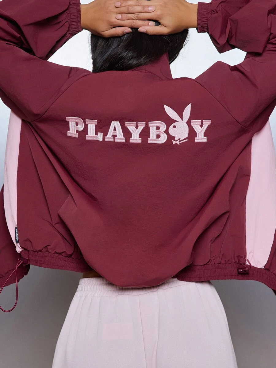 Missguided x Playboy Bunny Embroidered Cropped Windbreaker Jacket With Color Block Panel Stand Collar And Elasticated Cuffs - Burgundy - View 1