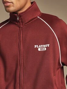 PLAYBOY X SUMWON 1953 Full Zip Track Jacket With White Piping Detail And Oversized Bunny Logo Back Print Hip Length Stand Collar - Burgundy - View 5