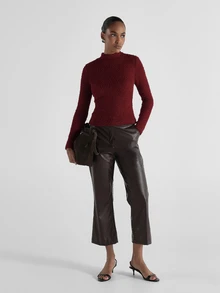 KSTM Boucle Knit Mock Neck Long Sleeve Fitted Top Fall Winter Cozy Textured Slim Pullover Holiday Party Season - Burgundy - View 3