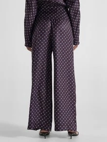 KSTM Wide Leg Geometric Print Satin Palazzo Pants With Elastic Waist Full Length Flowy Holiday Party Evening Casual Style - Multicolor - View 3