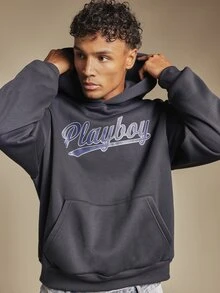 PLAYBOY X SUMWON Varsity Script Logo Oversized Pullover Hoodie With Centre Pocket Long Sleeve Winter Essential Streetwear - Black - View 1