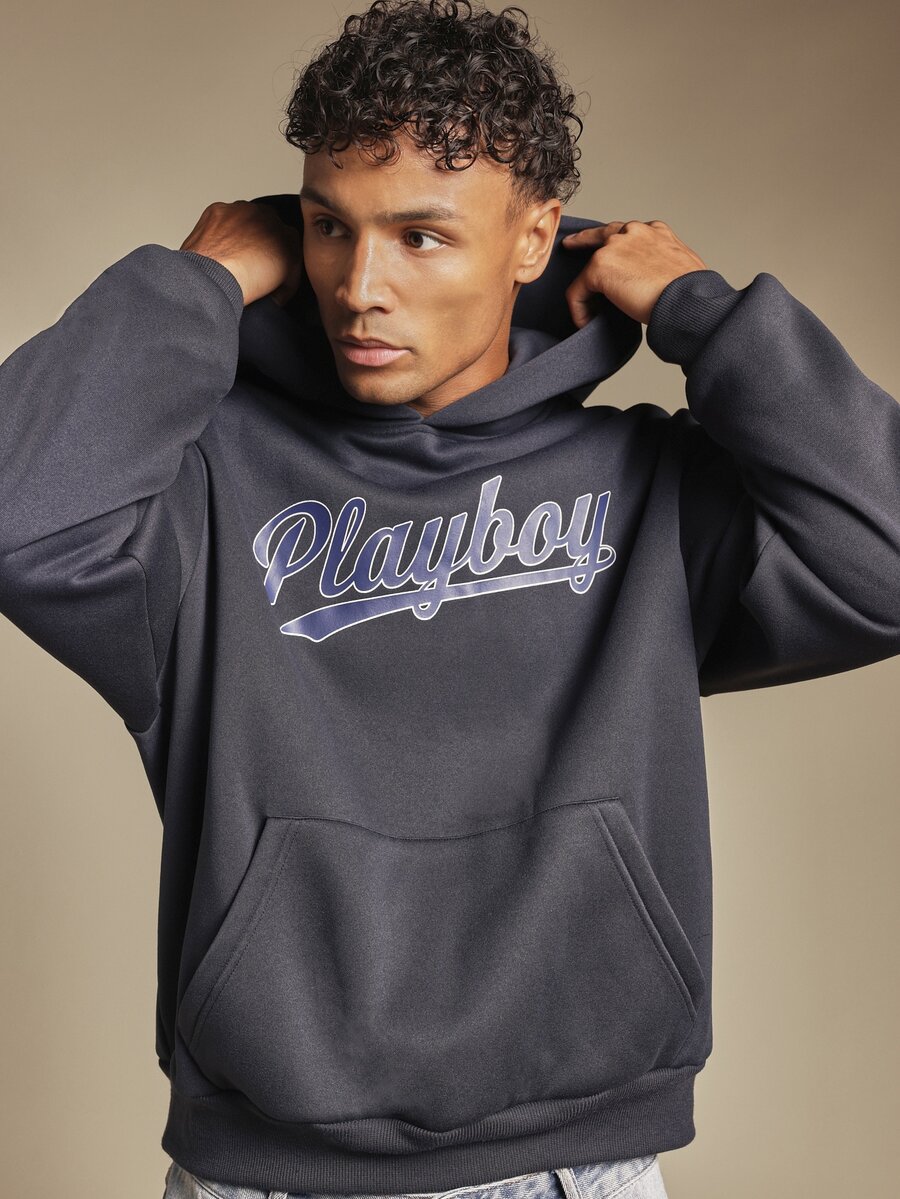 PLAYBOY X SUMWON Varsity Script Logo Oversized Pullover Hoodie With Centre Pocket Long Sleeve Winter Essential Streetwear - Black - View 1