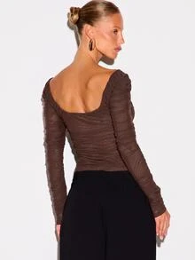 KIZN Ruched Mesh Long Sleeve Crop Top With Hook And Eye Front Closure And Open Back Sweetheart Neckline Party Night Out Top - Chocolate Brown - View 3