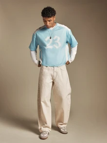 SUMWON Oversized Light Blue Color Block Mesh Soccer Jersey V-Neck Tee With Number 23 And Varsity Back Print - Blue and White - View 3