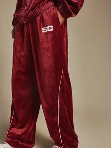SUMWON Velvet Wide Leg Track Pants With White Contrast Piping And Logo Detail Perfect For Casual Everyday Wear And Lounging - Burgundy - View 5