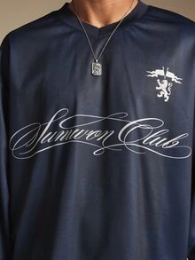 SUMWON Club Script Logo V-Neck Long Sleeve Oversized Jersey Top With Lion Sheild Graphic Print For Casual Weekend Wear - Navy Blue - View 5