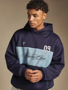 SUMWON Club Oversized Hoodie Color Block Chest Script Print Embroidered Number Pullover Centre Pocket Long Sleeve Winter Essential - Navy Blue - View 6