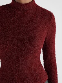 KSTM Boucle Knit Mock Neck Long Sleeve Fitted Top Fall Winter Cozy Textured Slim Pullover Holiday Party Season - Burgundy - View 4