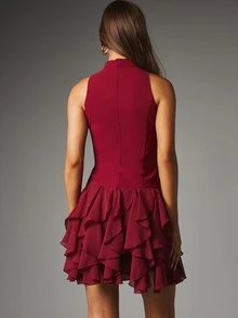 MISSGUIDED Halter Neck Mini Dress With Keyhole Cut-Out And Tiered Ruffle Chiffon Skirt For Party Evening Holiday Season - Burgundy - View 3