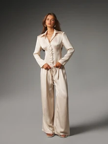 MISSGUIDED High Rise Wide Leg Satin Dress Pants With Pleated Front And Belt Loops For Evening Occasions Spring Summer Party - Apricot - View 2