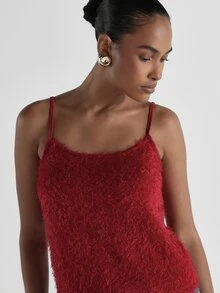 KSTM Atasan Cami Rajut Berbulu Lembut, Leher Bulat, Tali Bahu Tipis, Crop Tanpa Lengan, Tank Top Bertekstur Lembut, Cocok untuk Pesta Malam Hari dan Liburan. - Burgundy - View 5