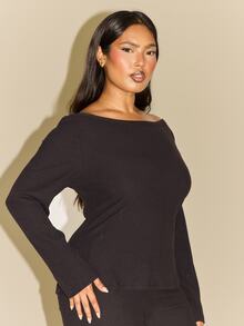 FASHION SZN Plus Size Casual Ribbed Long Sleeve Top Basics Essentials Wardrobe Staple Autumn Winter Trending Black Top New Season Fall New Fall Outfit Layering Super Soft Ribbed Knit Black Top Tank Office Wear To Work Y2K - Black - View 5