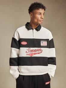 SUMWON Legends New York City Graphic Rugby Shirt Oversized Long Sleeve Collared Sweatshirt With Horizontal Stripes And Chest Print - Black and White - View 1
