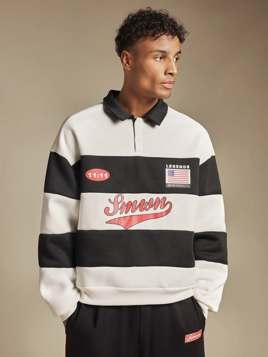 SUMWON Legends New York City Graphic Rugby Shirt Oversized Long Sleeve Collared Sweatshirt With Horizontal Stripes And Chest Print - Black and White - View 1