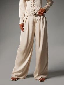 MISSGUIDED High Rise Wide Leg Satin Dress Pants With Pleated Front And Belt Loops For Evening Occasions Spring Summer Party - Apricot - View 1