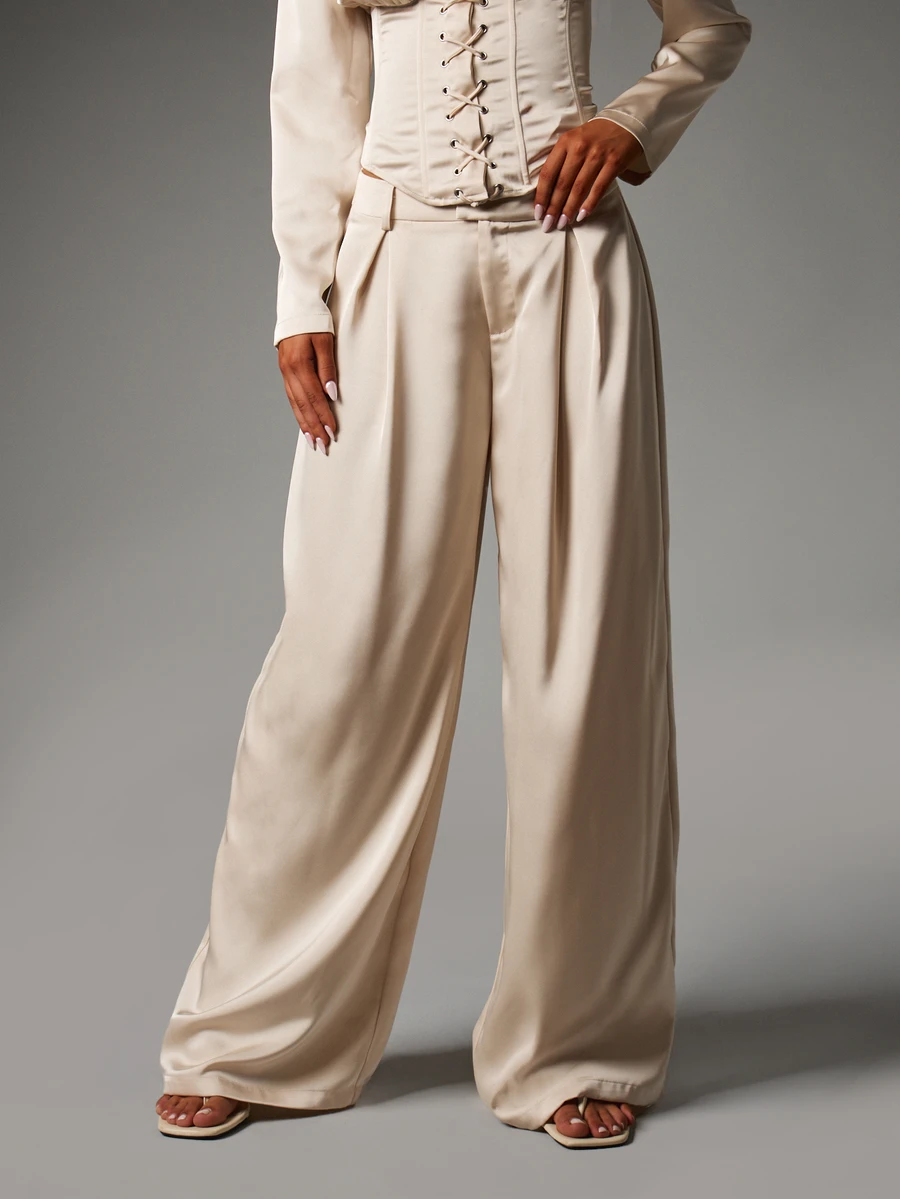 MISSGUIDED High Rise Wide Leg Satin Dress Pants With Pleated Front And Belt Loops For Evening Occasions Spring Summer Party - Apricot - View 1