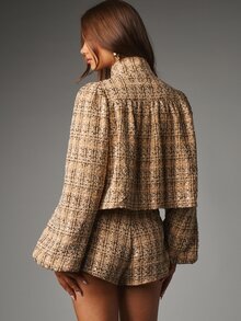 MISSGUIDED Cropped Tweed Blazer Jacket With Stand Collar Balloon Sleeves Checked Boucle Texture Fall Winter Outerwear - Multicolor - View 3