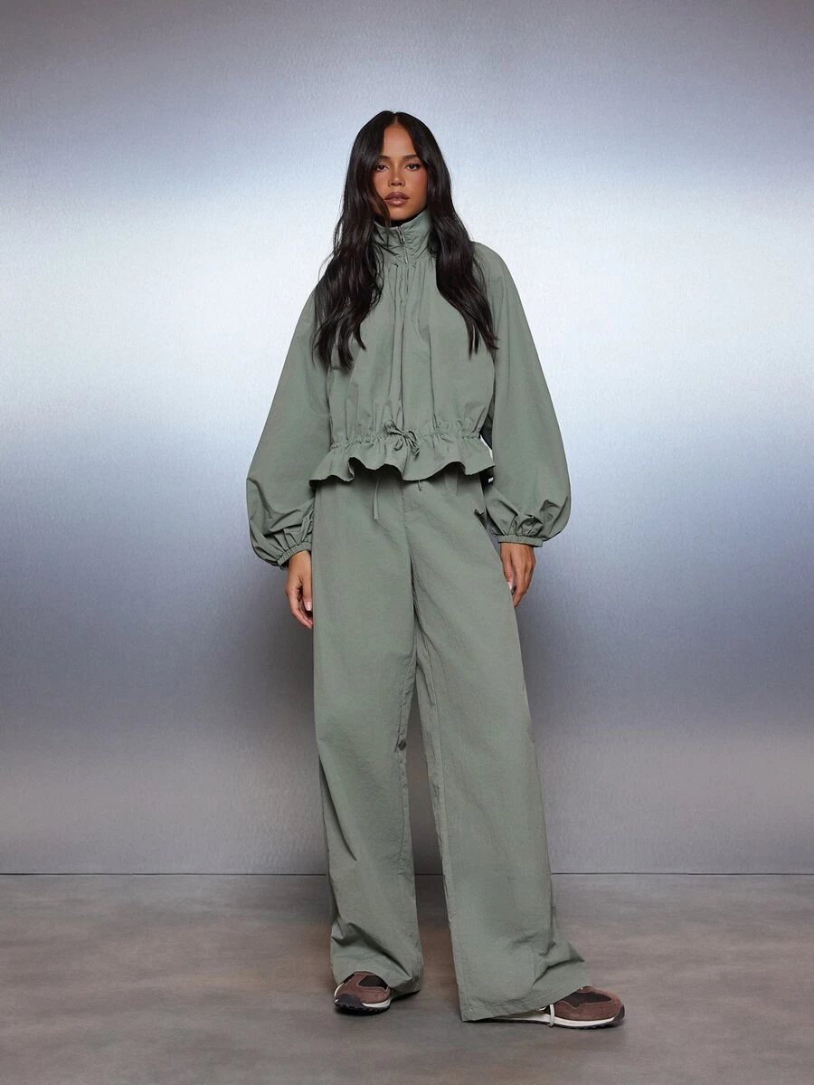 MISSGUIDED Oversized Half-Zip Ruffle Hem Crop Jacket And Wide Leg Full Length Co-Ord Two Pieces Set - Army Green - View 1