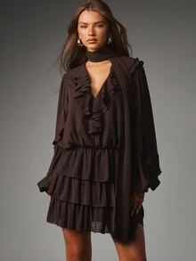 MISSGUIDED Tiered Ruffle Mini Dress With Deep V-Neck Long Puff Sleeves Neck Scarf Detail Chiffon Boho Party Fall Winter Style - Coffee Brown - View 1