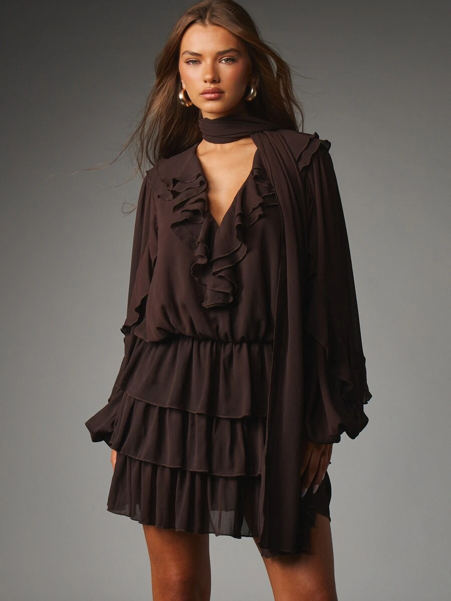 MISSGUIDED Tiered Ruffle Mini Dress With Deep V-Neck Long Puff Sleeves Neck Scarf Detail Chiffon Boho Party Fall Winter Style - Coffee Brown - View 1