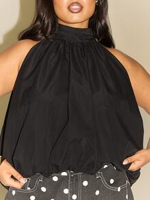 FASHION SZN Plus Size Halterneck Bubble Hem Top Black Solid Colour Trending New Season Bubble Hem Autumn Winter Fall - Black - View 3