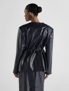 KSTM Faux Leather Kimono Wrap Jacket With Tie Waist Belt V-Neck Long Sleeves Structured Shoulders Hip Length Fall Winter Outerwear Party - Blue - View 2