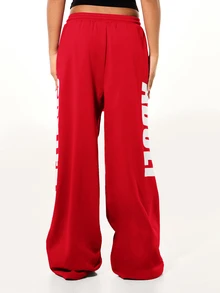 SUMWON WOMEN Oversized Wide Leg Sweatpants With Bold Vertical Graphic Print, Rope Drawstring Waist, Relaxed Baggy Fit, Casual Streetwear Lounge Bottoms - Red - View 2