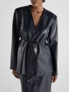 KSTM Faux Leather Kimono Wrap Jacket With Tie Waist Belt V-Neck Long Sleeves Structured Shoulders Hip Length Fall Winter Outerwear Party - Blue - View 5