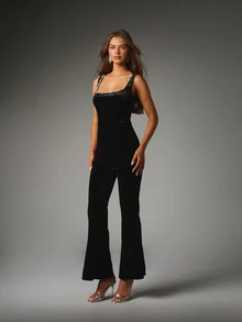 MISSGUIDED Velvet Flared Jumpsuit With Rhinestone Square Neckline Sleeveless Full Length One Piece Party Holiday Evening Outfit - Black - View 1