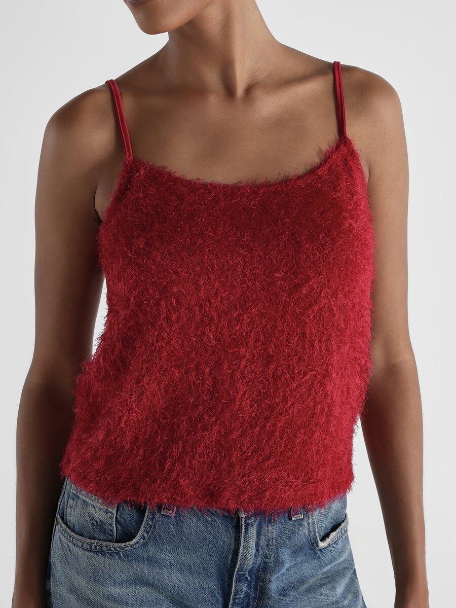 KSTM Atasan Cami Rajut Berbulu Lembut, Leher Bulat, Tali Bahu Tipis, Crop Tanpa Lengan, Tank Top Bertekstur Lembut, Cocok untuk Pesta Malam Hari dan Liburan. - Burgundy - View 1