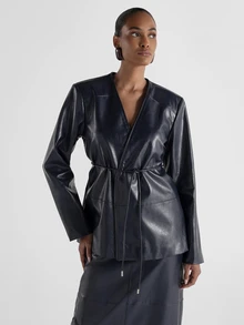 KSTM Faux Leather Kimono Wrap Jacket With Tie Waist Belt V-Neck Long Sleeves Structured Shoulders Hip Length Fall Winter Outerwear Party - Blue - View 1