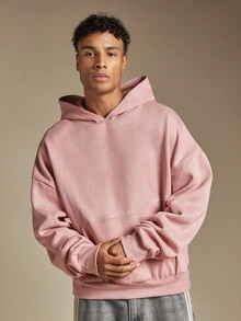 SUMWON Oversized Washed Hoodie With Script Embroidery Hood Logo And Centre Pocket Vintage Style Pullover Sweatshirt - Pink - View 2
