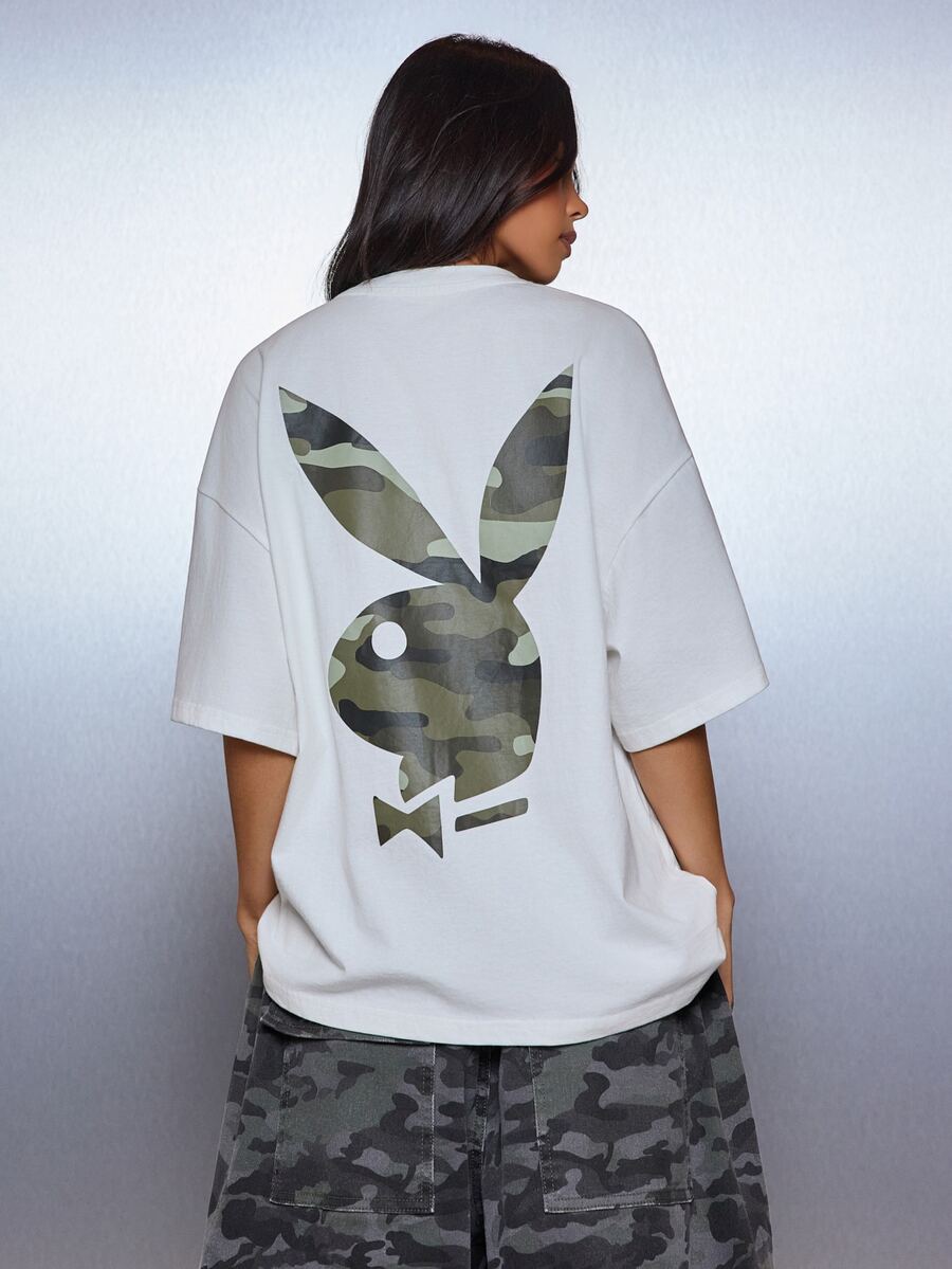 Missguided x Playboy Camo Print Oversized T-Shirt Crew Neck Short Sleeve Bunny Logo Graphic Tee Summer Festival Top - Multicolor - View 1