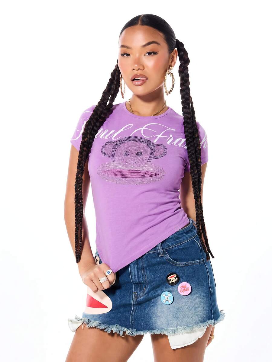 SUMWON X PAUL FRANK SUMWON WOMEN Monkey Rhinestone Graphic Crop Tee Short Sleeve Baby Fit Crew Neck Top - Purple - View 1