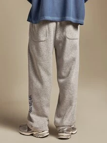 PLAYBOY X SUMWON Wide Leg Sweatpants With Triple Script Leg Print Drawstring Waist Relaxed Fit Fleece Lounge Trousers Fall Winter Casual - Grey - View 2