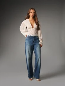 MISSGUIDED Deep Plunge Puff Sleeve Crop Blouse With Floral Lace Waistband Trim And Ruffled Cuffs For Summer Occasions - White - View 4