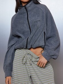 MISSGUIDED GRL Cropped Full-Zip Fleece Jacket With Side Pockets Oversized Fit Cosy Winter Layering Essential - Grey - View 5