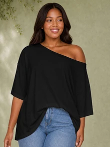 ELLERISSA Plus Size Black Off Shoulder Short Sleeve T Shirt - Black - View 1