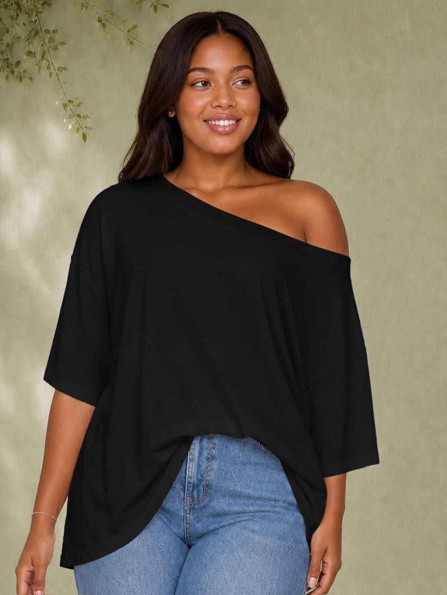 ELLERISSA Plus Size Black Off Shoulder Short Sleeve T Shirt - Black - View 1