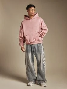 SUMWON Oversized Washed Hoodie With Script Embroidery Hood Logo And Centre Pocket Vintage Style Pullover Sweatshirt - Pink - View 3