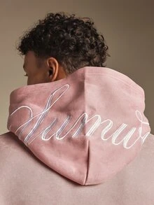 SUMWON Oversized Washed Hoodie With Script Embroidery Hood Logo And Centre Pocket Vintage Style Pullover Sweatshirt - Pink - View 6
