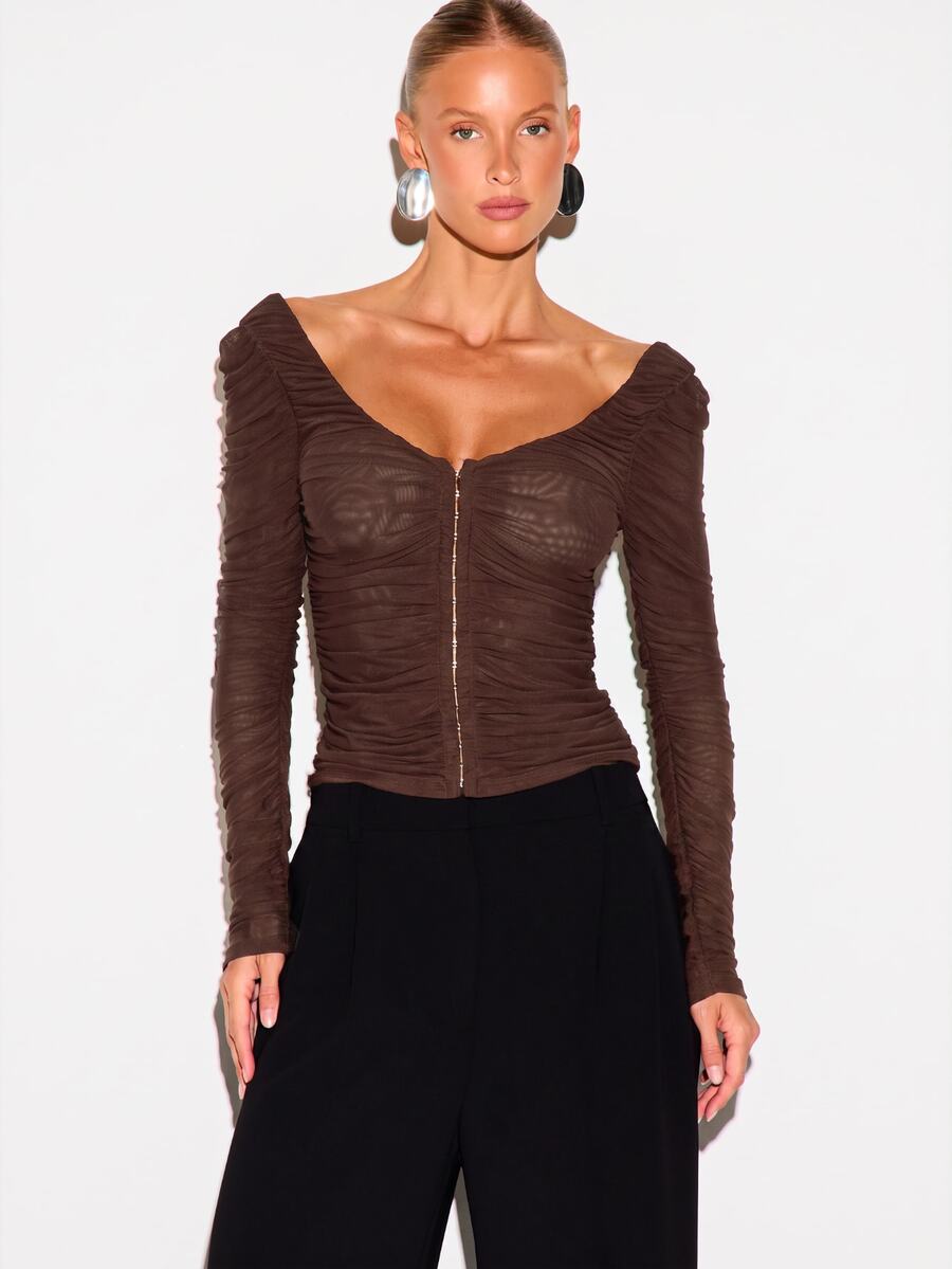 KIZN Ruched Mesh Long Sleeve Crop Top With Hook And Eye Front Closure And Open Back Sweetheart Neckline Party Night Out Top - Chocolate Brown - View 1