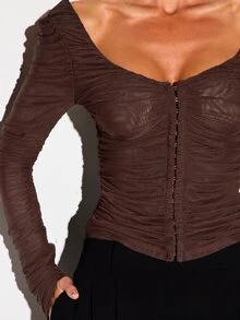 KIZN Ruched Mesh Long Sleeve Crop Top With Hook And Eye Front Closure And Open Back Sweetheart Neckline Party Night Out Top - Chocolate Brown - View 2